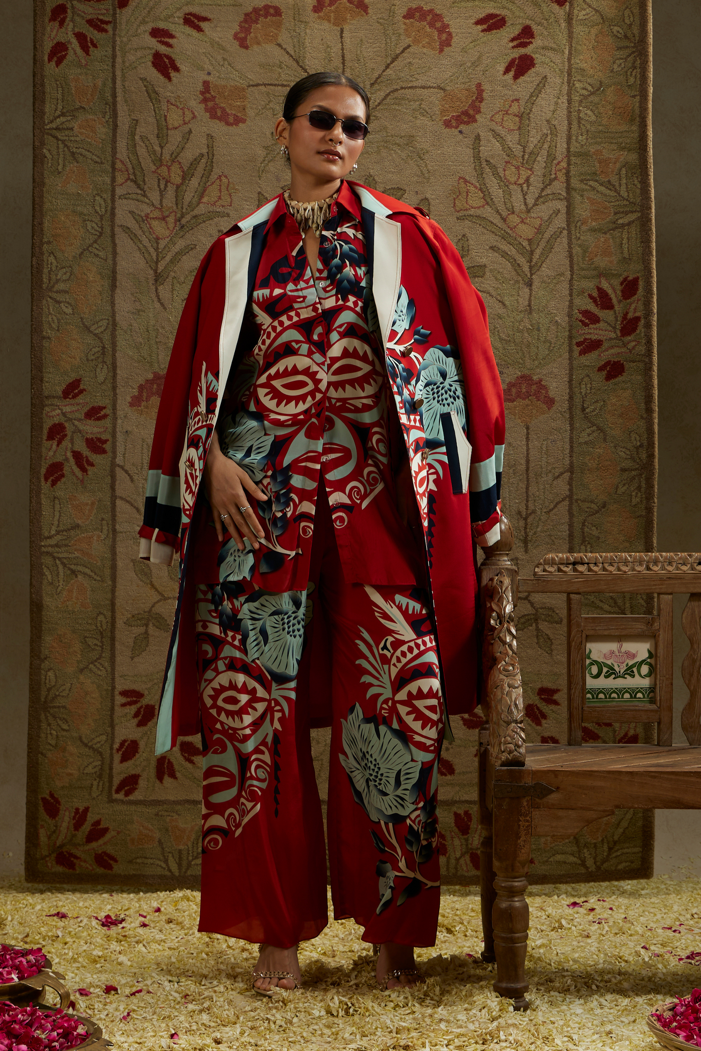 SVA Red Mask Print Trench Coat Womenswear Indian Designer Wear Online Shopping Melange Singapore