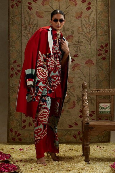 SVA Red Mask Print Trench Coat Womenswear Indian Designer Wear Online Shopping Melange Singapore