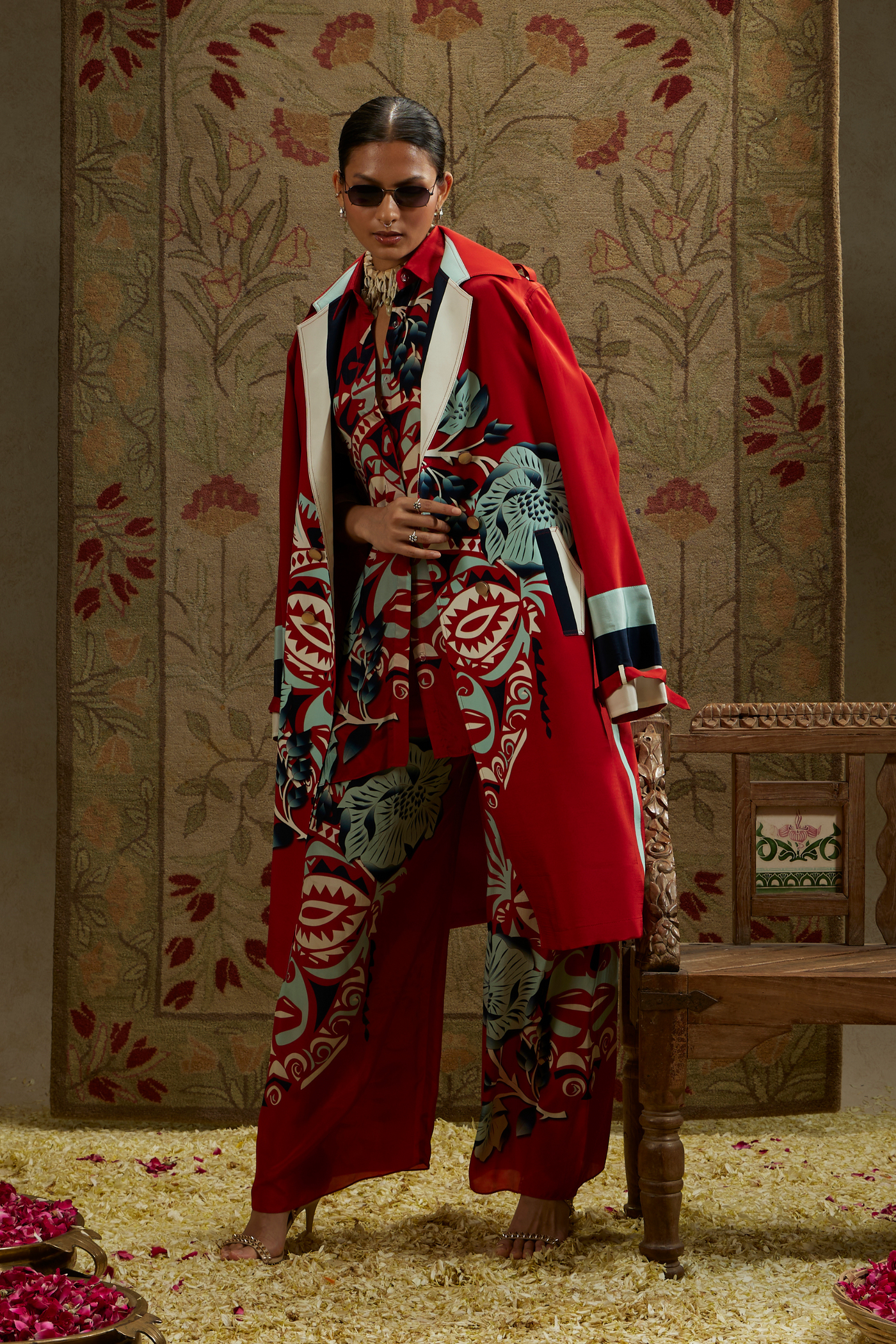 SVA Red Mask Print Trench Coat Womenswear Indian Designer Wear Online Shopping Melange Singapore