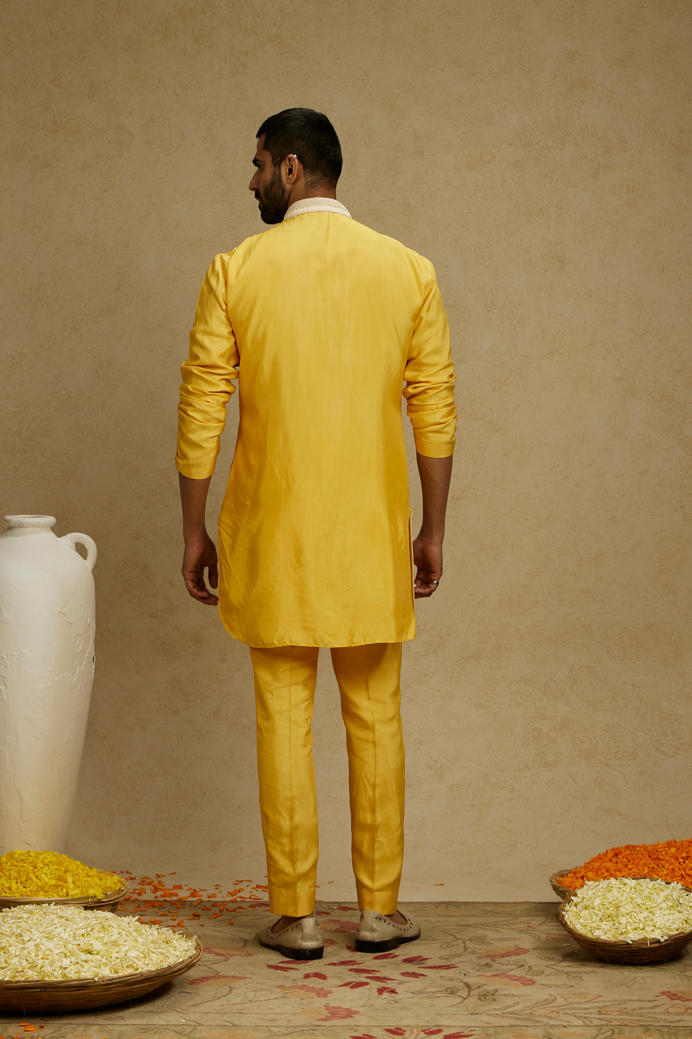 SVA Menswear Dandelion Yellow Threadwork Yoke Embroidered Kurta With Pants Indian Designer Wear Online Shopping Melange Singapore