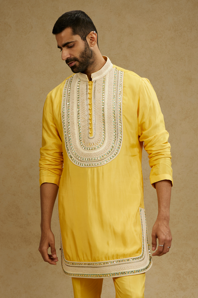 SVA Menswear Dandelion Yellow Threadwork Yoke Embroidered Kurta With Pants Indian Designer Wear Online Shopping Melange Singapore