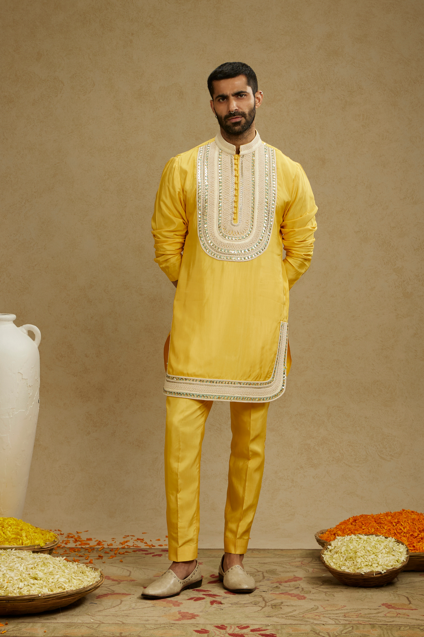 SVA Menswear Dandelion Yellow Threadwork Yoke Embroidered Kurta With Pants Indian Designer Wear Online Shopping Melange Singapore