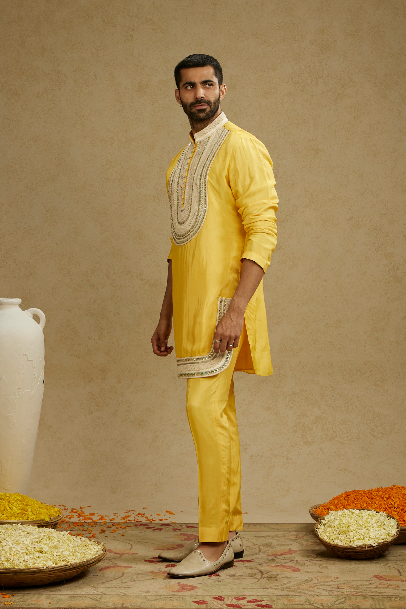 SVA Menswear Dandelion Yellow Threadwork Yoke Embroidered Kurta With Pants Indian Designer Wear Online Shopping Melange Singapore