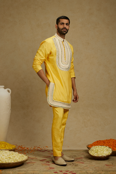 SVA Menswear Dandelion Yellow Threadwork Yoke Embroidered Kurta With Pants Indian Designer Wear Online Shopping Melange Singapore