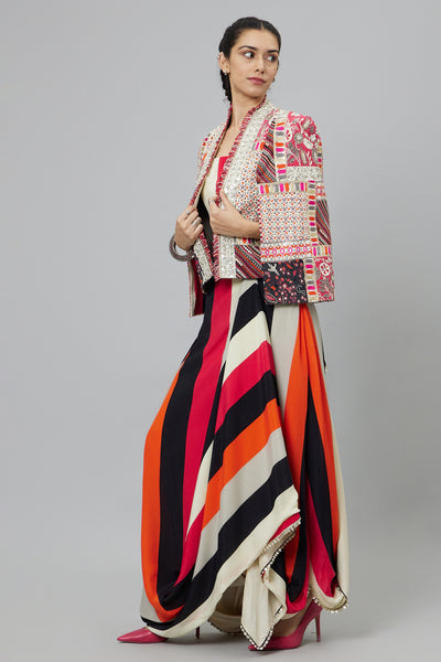 SVA Shahar Stripe Print Nushrat Draped Skirt And Bustier Teamed With A Signature Structured Jacket indian designer wear online shopping melange singapore