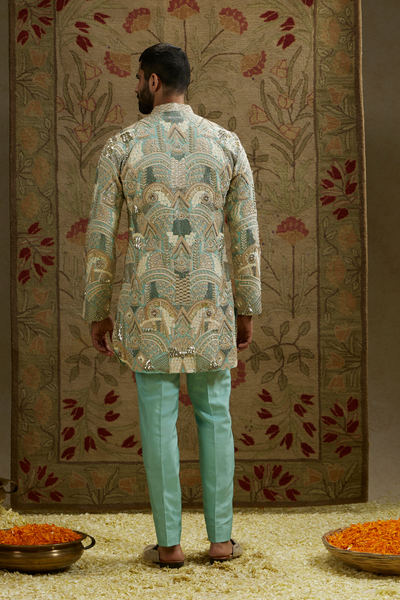 SVA Menswear Teal Blue Embellished Kurta Set Melange Singapore Online Shopping Indian Designer Wear