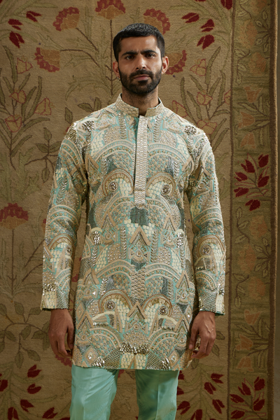 SVA Menswear Teal Blue Embellished Kurta Set Melange Singapore Online Shopping Indian Designer Wear