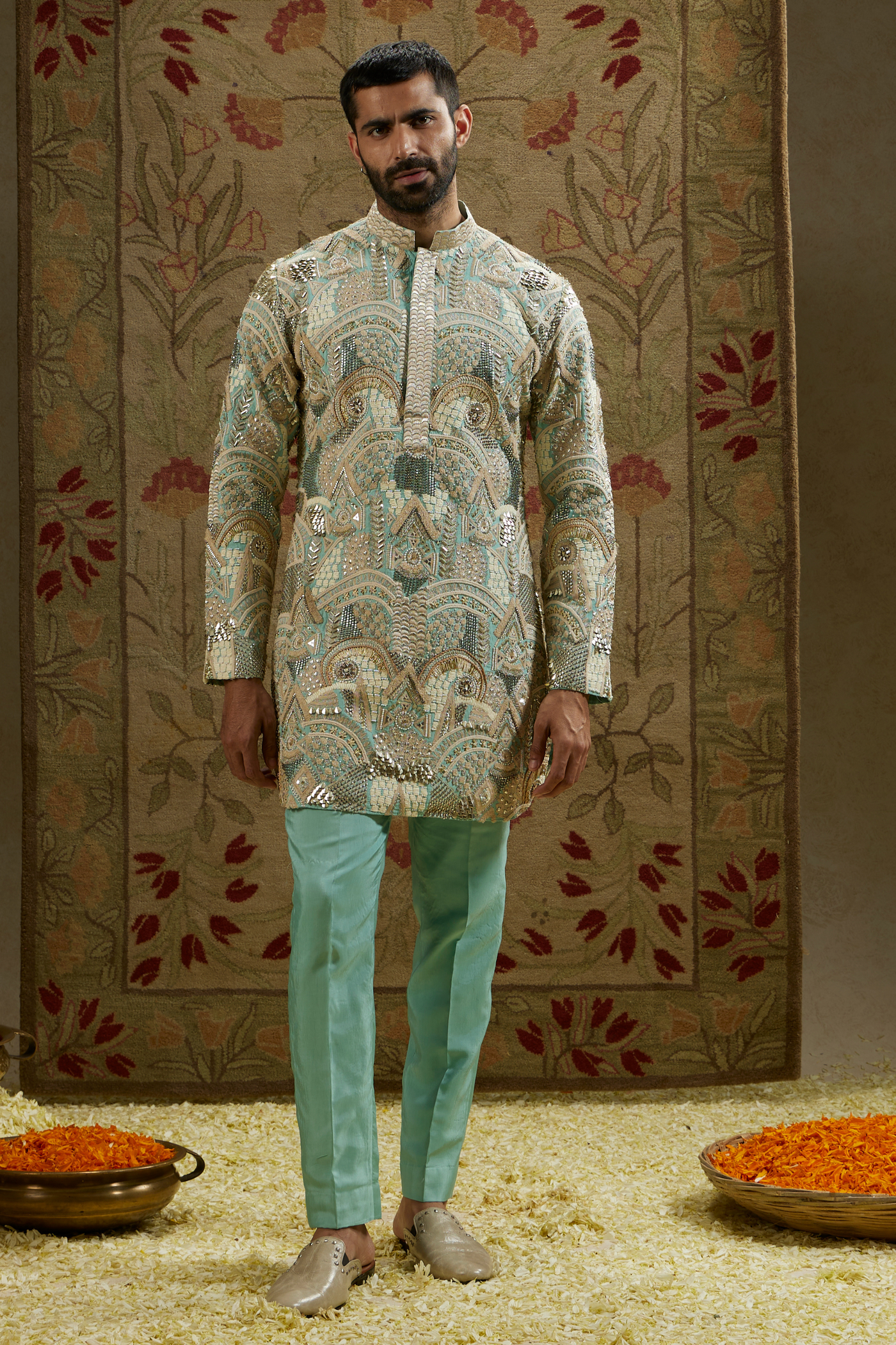 SVA Menswear Teal Blue Embellished Kurta Set Melange Singapore Online Shopping Indian Designer Wear