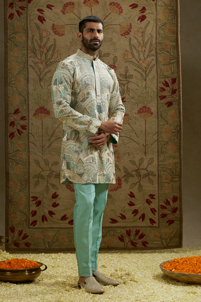 SVA Menswear Teal Blue Embellished Kurta Set Melange Singapore Online Shopping Indian Designer Wear