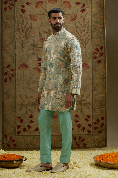 SVA Menswear Teal Blue Embellished Kurta Set Melange Singapore Online Shopping Indian Designer Wear