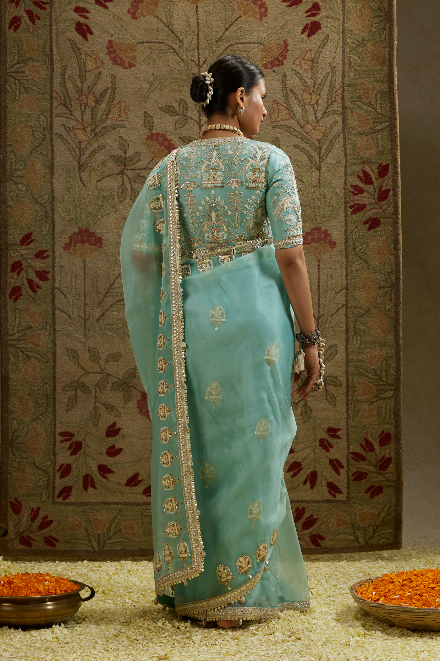 SVA Teal Blue Organza Embellished Saree Paired with Embellished Blouse Womenswear Indian Designer Wear Melange Singapore Online Shopping