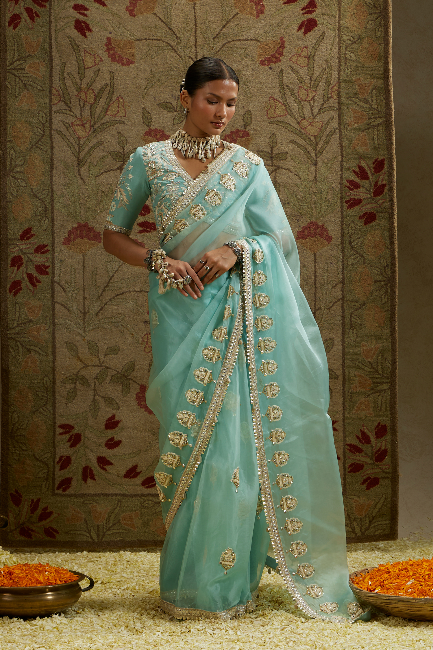 SVA Teal Blue Organza Embellished Saree Paired with Embellished Blouse Womenswear Indian Designer Wear Melange Singapore Online Shopping