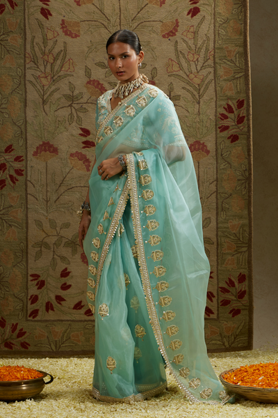 SVA Teal Blue Organza Embellished Saree Paired with Embellished Blouse Womenswear Indian Designer Wear Melange Singapore Online Shopping