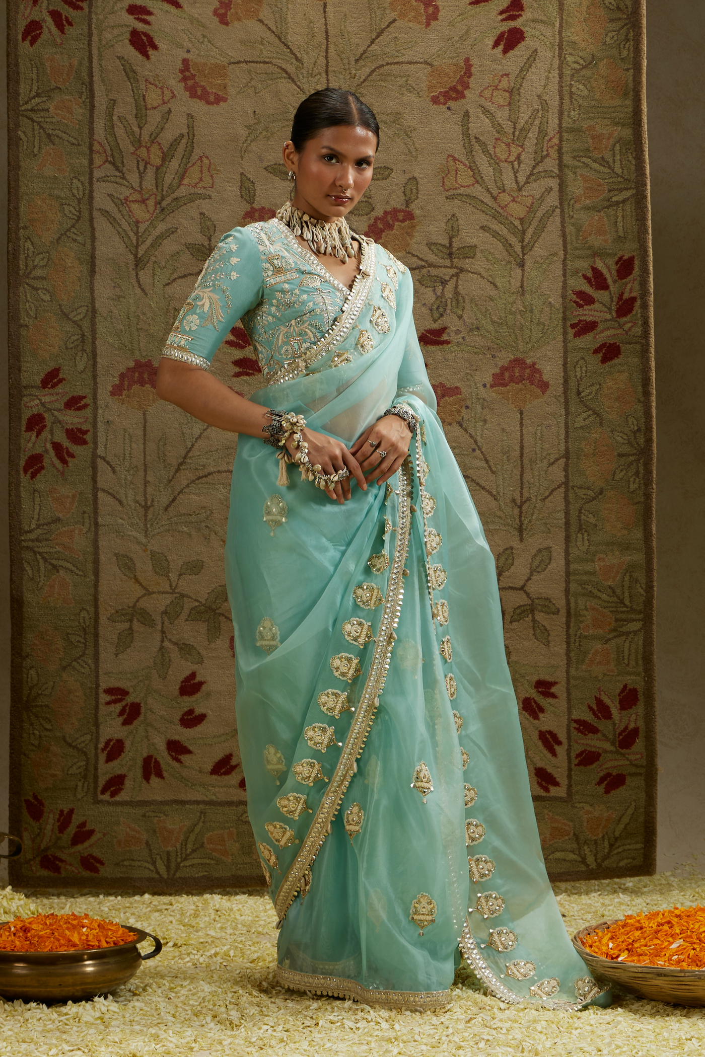 SVA Teal Blue Organza Embellished Saree Paired with Embellished Blouse Womenswear Indian Designer Wear Melange Singapore Online Shopping