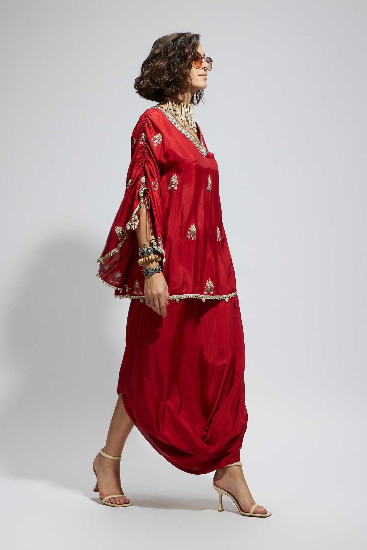 SVA Terracotta Embellished Cape Top Paired With Terracotta Drape Skirtindian designer wear online shopping melange singapore