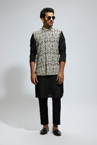 SVA White Leaf Printed Bundi With Kurta And Pants indian designer wear online shopping melange singapore