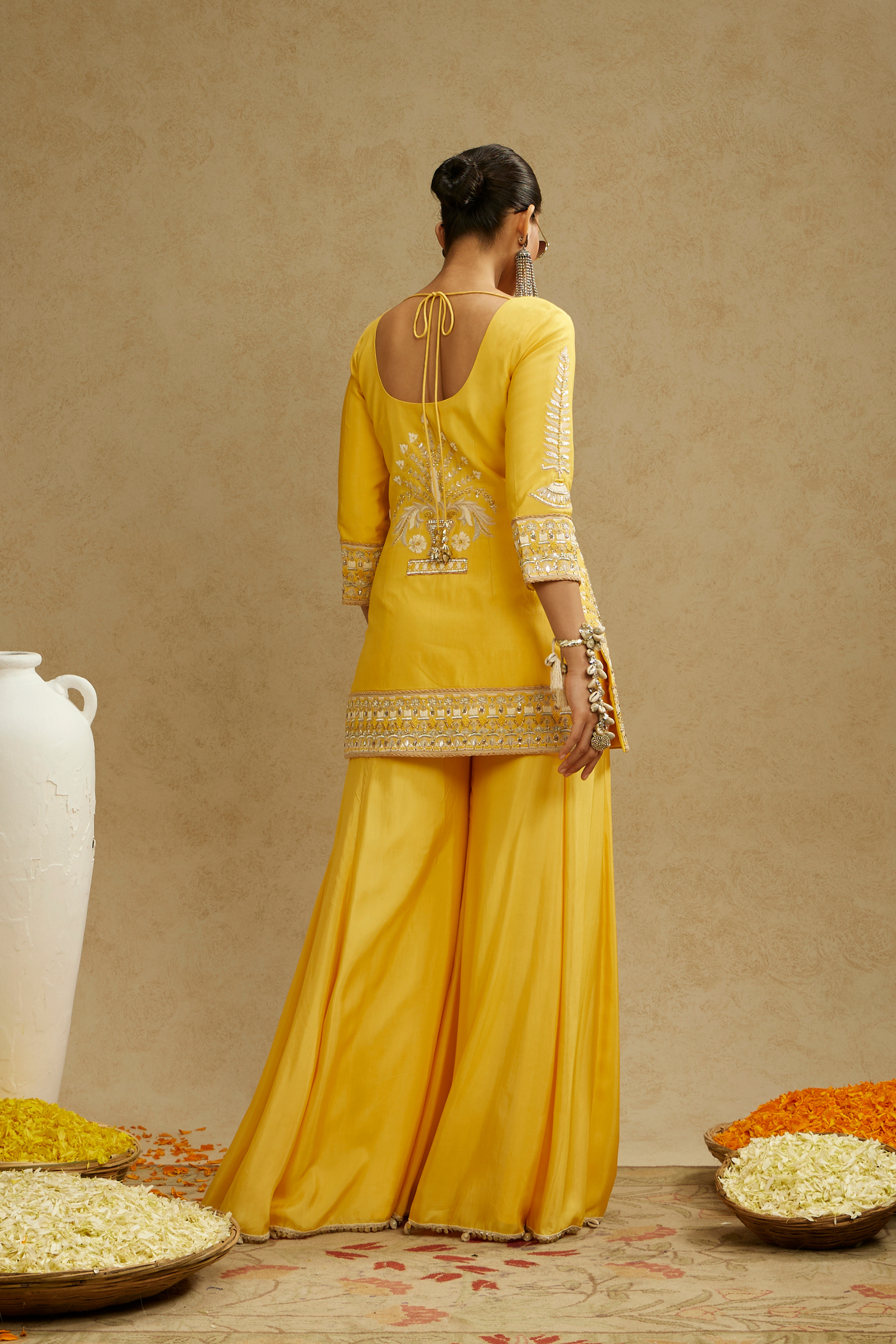 SVA Dandelion Yellow Embellished Butta Kurta Paired with Pants and Stripe Dupatta Indian Designer Wear Online Shopping Melange Singapore