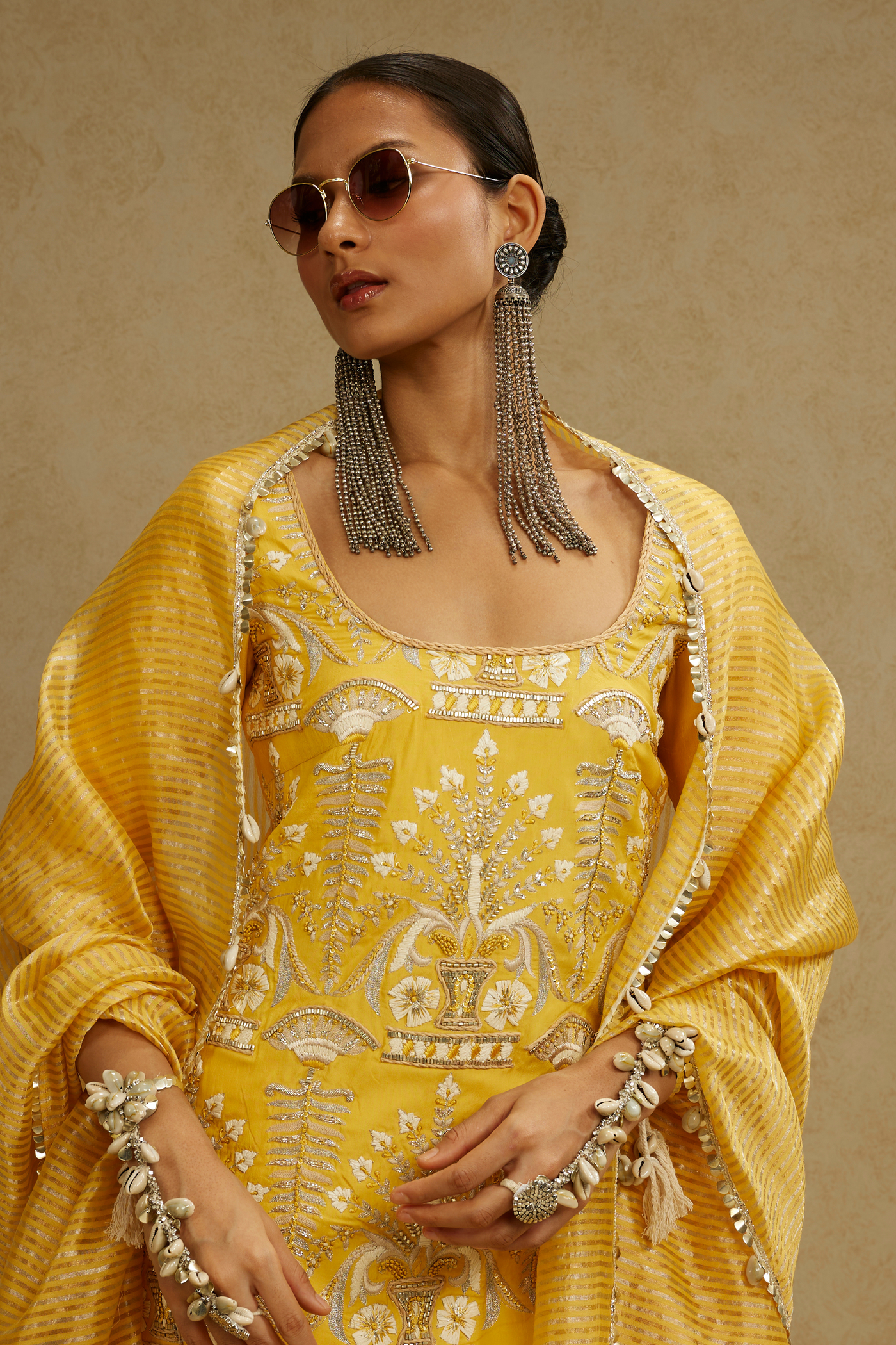 SVA Dandelion Yellow Embellished Butta Kurta Paired with Pants and Stripe Dupatta Indian Designer Wear Online Shopping Melange Singapore