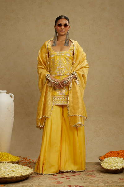 SVA Dandelion Yellow Embellished Butta Kurta Paired with Pants and Stripe Dupatta Indian Designer Wear Online Shopping Melange Singapore