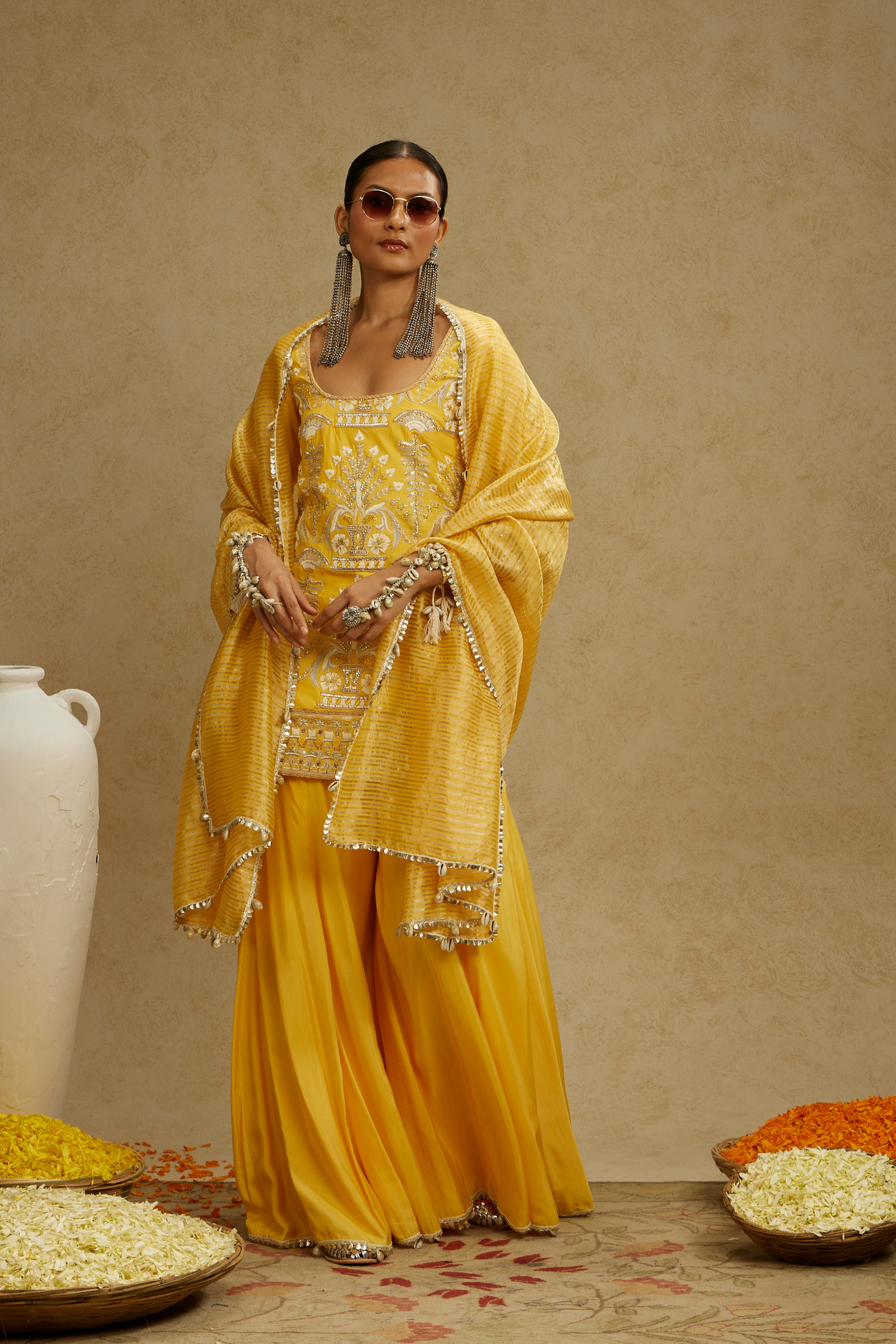 SVA Dandelion Yellow Embellished Butta Kurta Paired with Pants and Stripe Dupatta Indian Designer Wear Online Shopping Melange Singapore