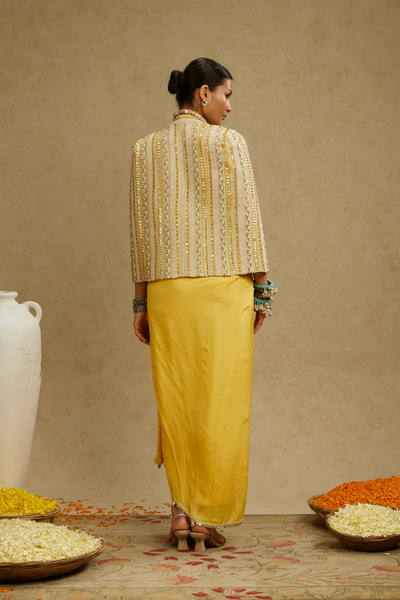 SVA Womenswear Dandelion Yellow Embellished Jacket Paired with Embellished Bustier and High Slit Skirt Online Shopping Indian Designer Wear Melange Singapore