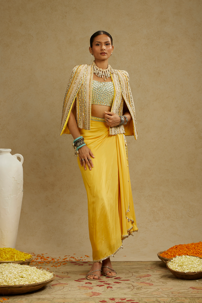 SVA Womenswear Dandelion Yellow Embellished Jacket Paired with Embellished Bustier and High Slit Skirt Online Shopping Indian Designer Wear Melange Singapore