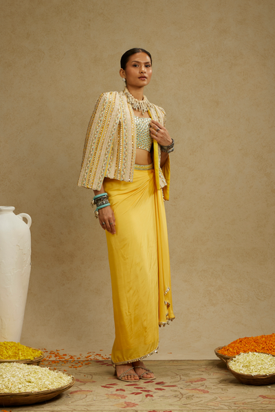 SVA Womenswear Dandelion Yellow Embellished Jacket Paired with Embellished Bustier and High Slit Skirt Online Shopping Indian Designer Wear Melange Singapore