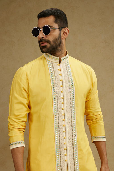 SVA Menswear Dandelion Yellow Front Open Threadwork Embroidered Kurta Paired With Pants Online Shopping Indian Designer Wear Melange Singapore