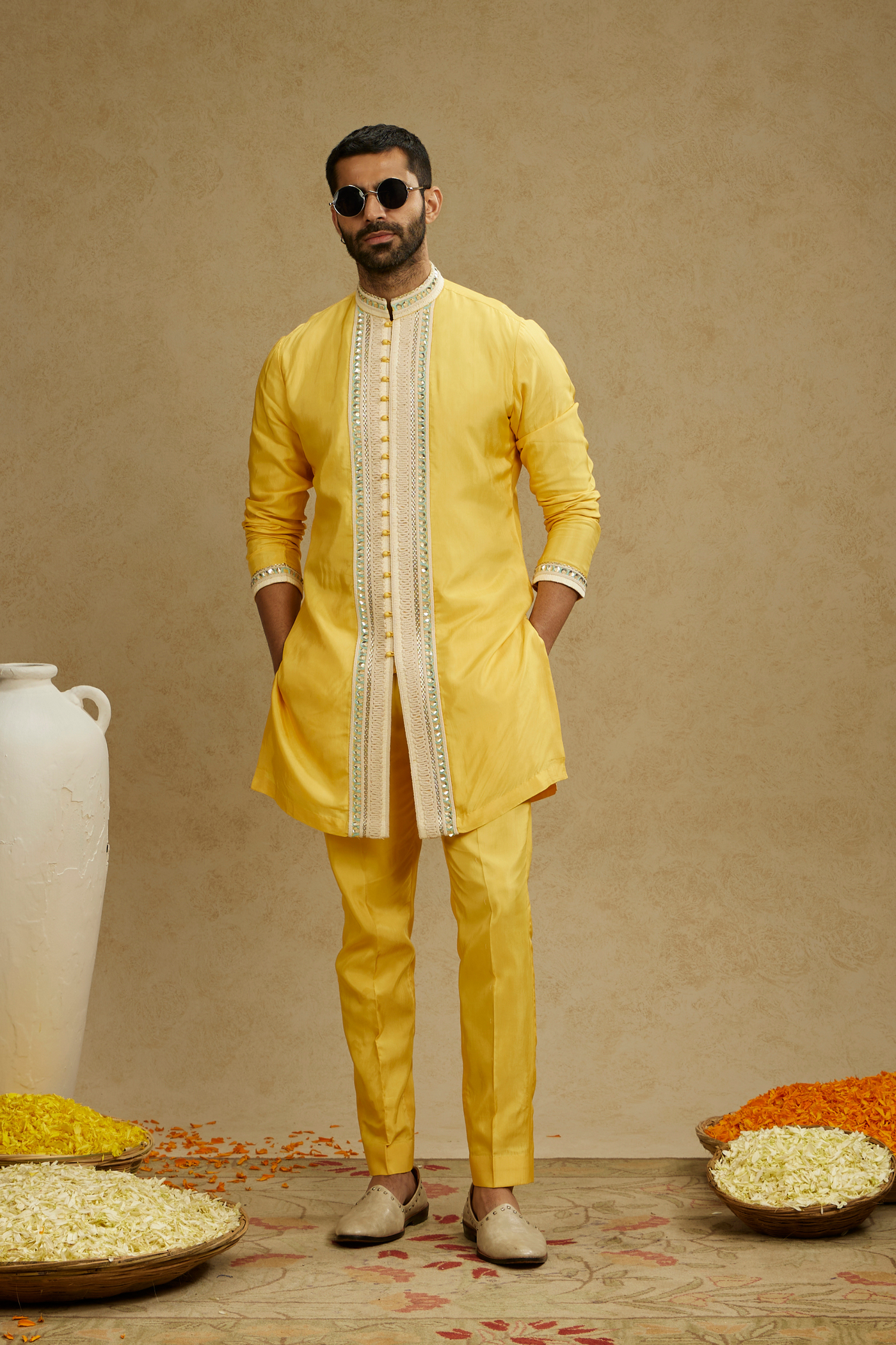 SVA Menswear Dandelion Yellow Front Open Threadwork Embroidered Kurta Paired With Pants Online Shopping Indian Designer Wear Melange Singapore