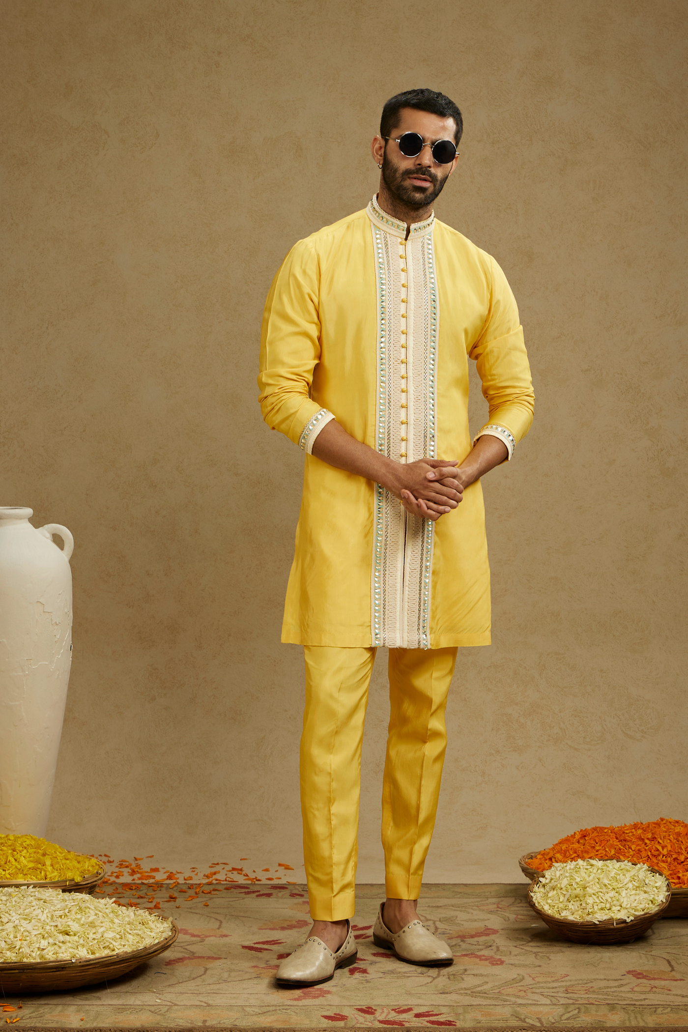 SVA Menswear Dandelion Yellow Front Open Threadwork Embroidered Kurta Paired With Pants Online Shopping Indian Designer Wear Melange Singapore