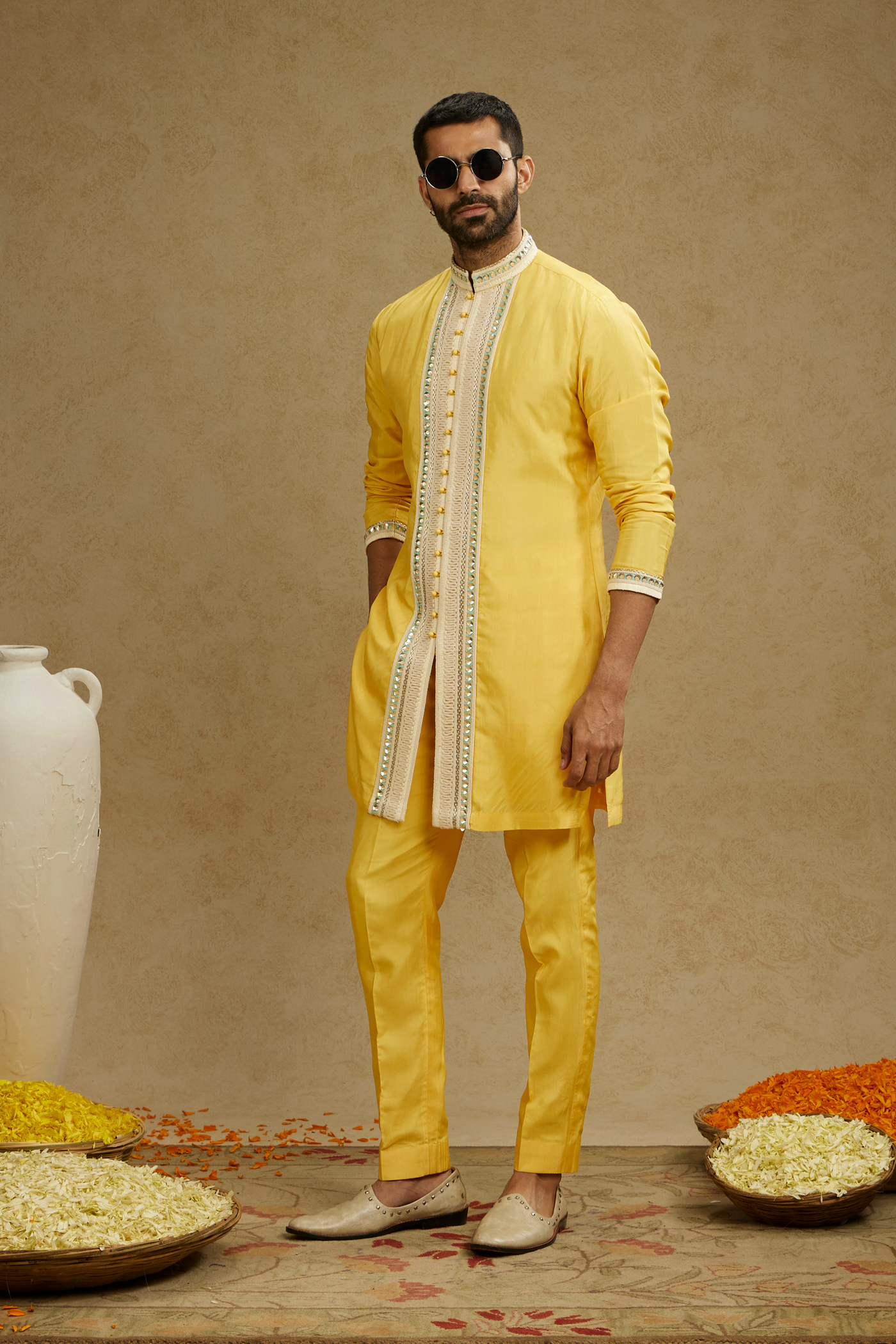 SVA Menswear Dandelion Yellow Front Open Threadwork Embroidered Kurta Paired With Pants Online Shopping Indian Designer Wear Melange Singapore