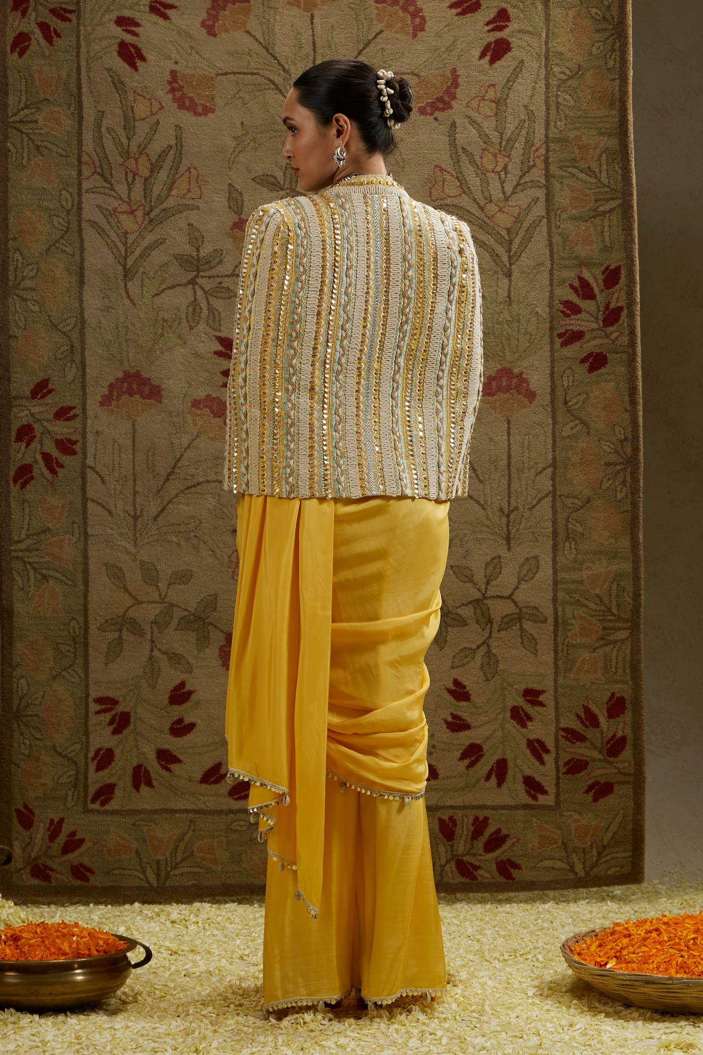 SVA Dandelion Yellow Cascade Saree Paired with Metal Embellished Bustier and Embellished Cape Jacket Womenswear Indian Designer Wear Online Shopping Melange Singapore