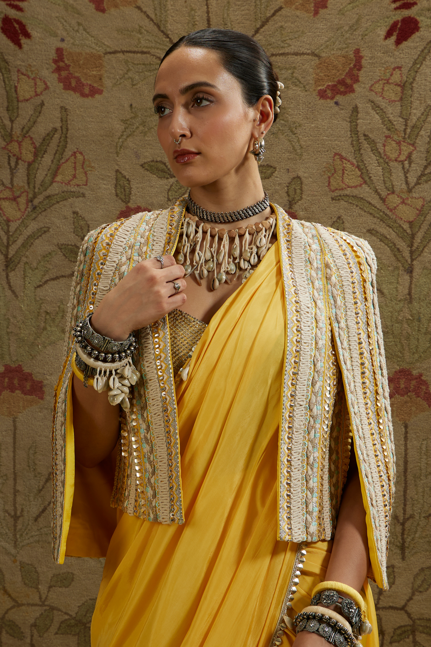 SVA Dandelion Yellow Cascade Saree Paired with Metal Embellished Bustier and Embellished Cape Jacket Womenswear Indian Designer Wear Online Shopping Melange Singapore