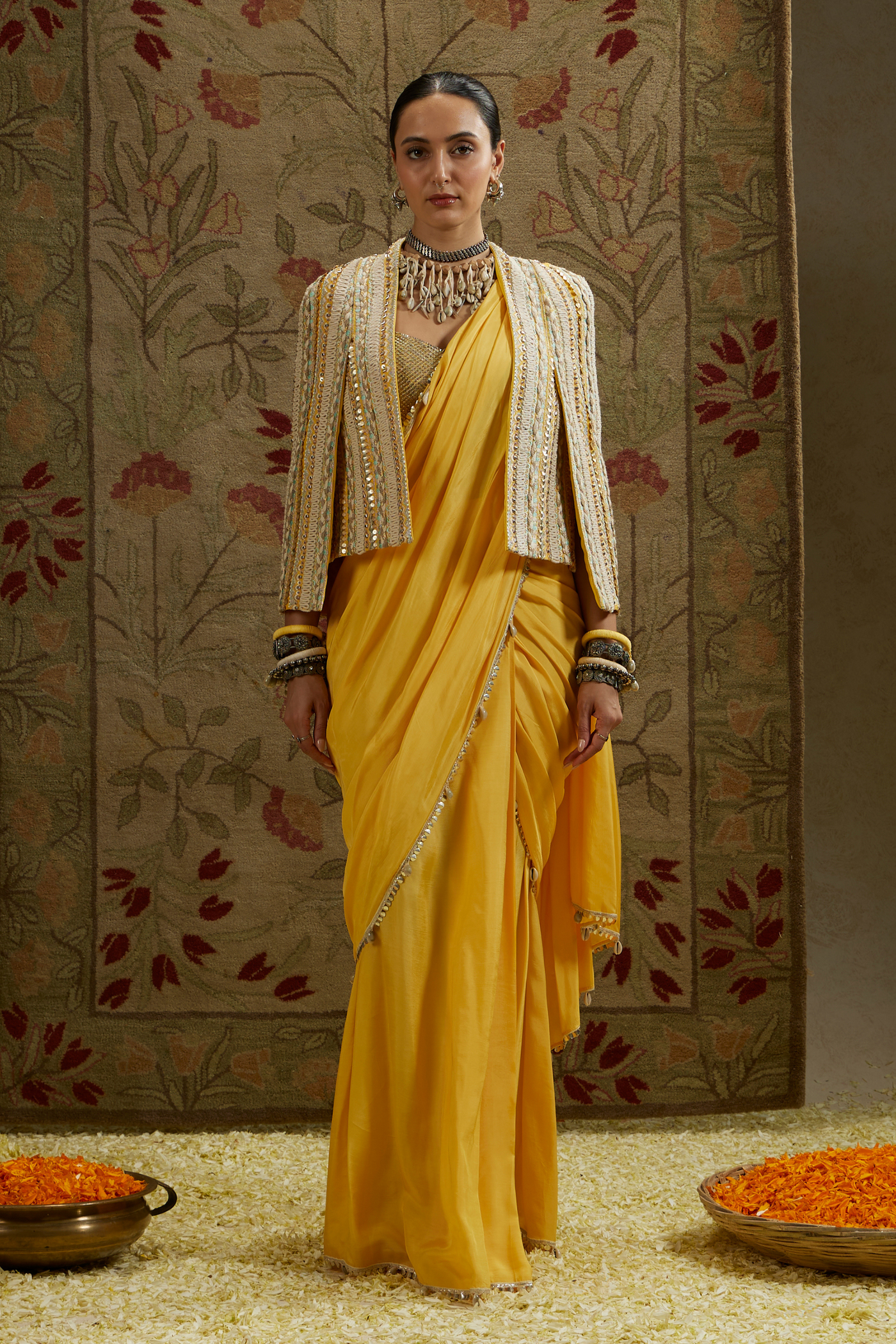 SVA Dandelion Yellow Cascade Saree Paired with Metal Embellished Bustier and Embellished Cape Jacket Womenswear Indian Designer Wear Online Shopping Melange Singapore