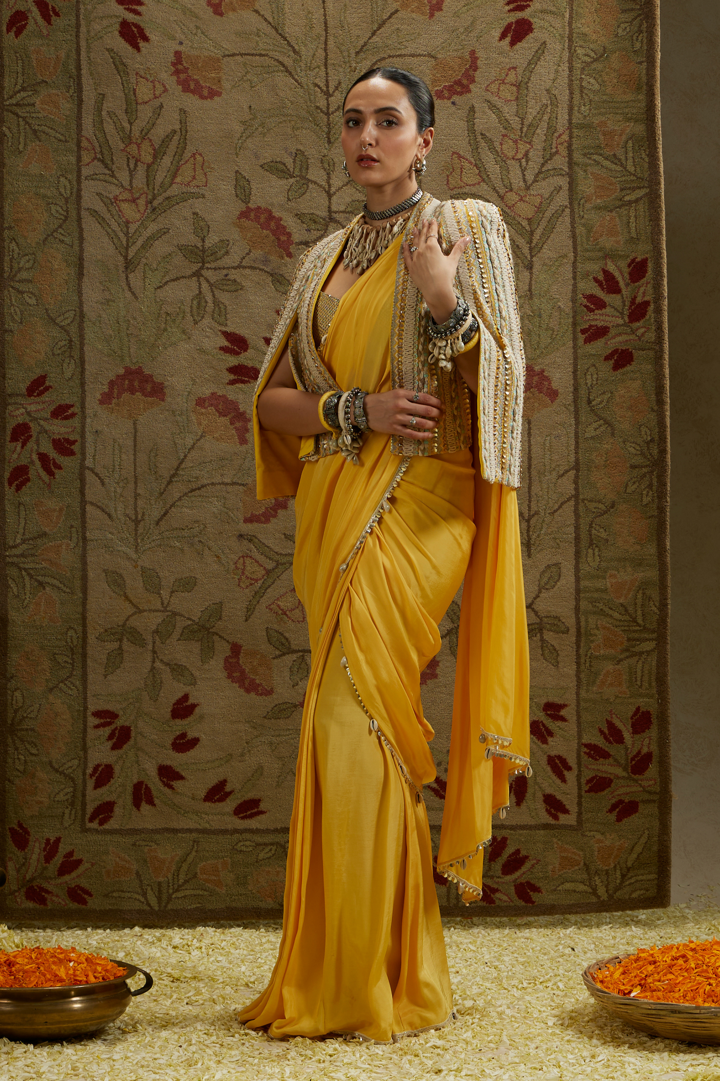 SVA Dandelion Yellow Cascade Saree Paired with Metal Embellished Bustier and Embellished Cape Jacket Womenswear Indian Designer Wear Online Shopping Melange Singapore