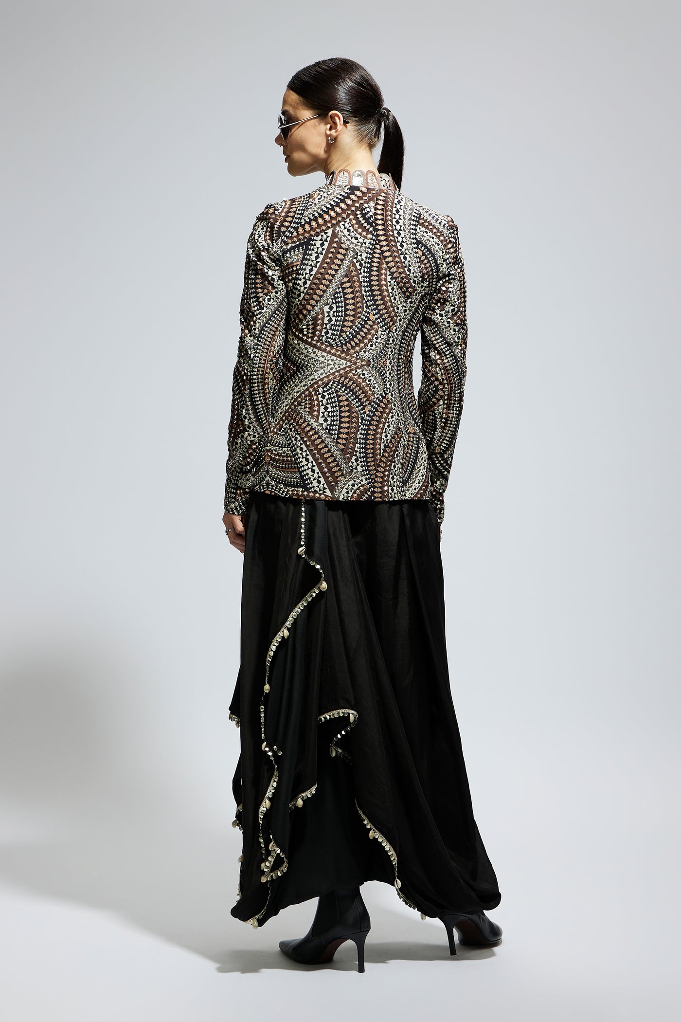 SVA Zentangle Embellished Jacket Paired With Black Solid Nushrat Skirt indian designer wear online shopping melange singapore