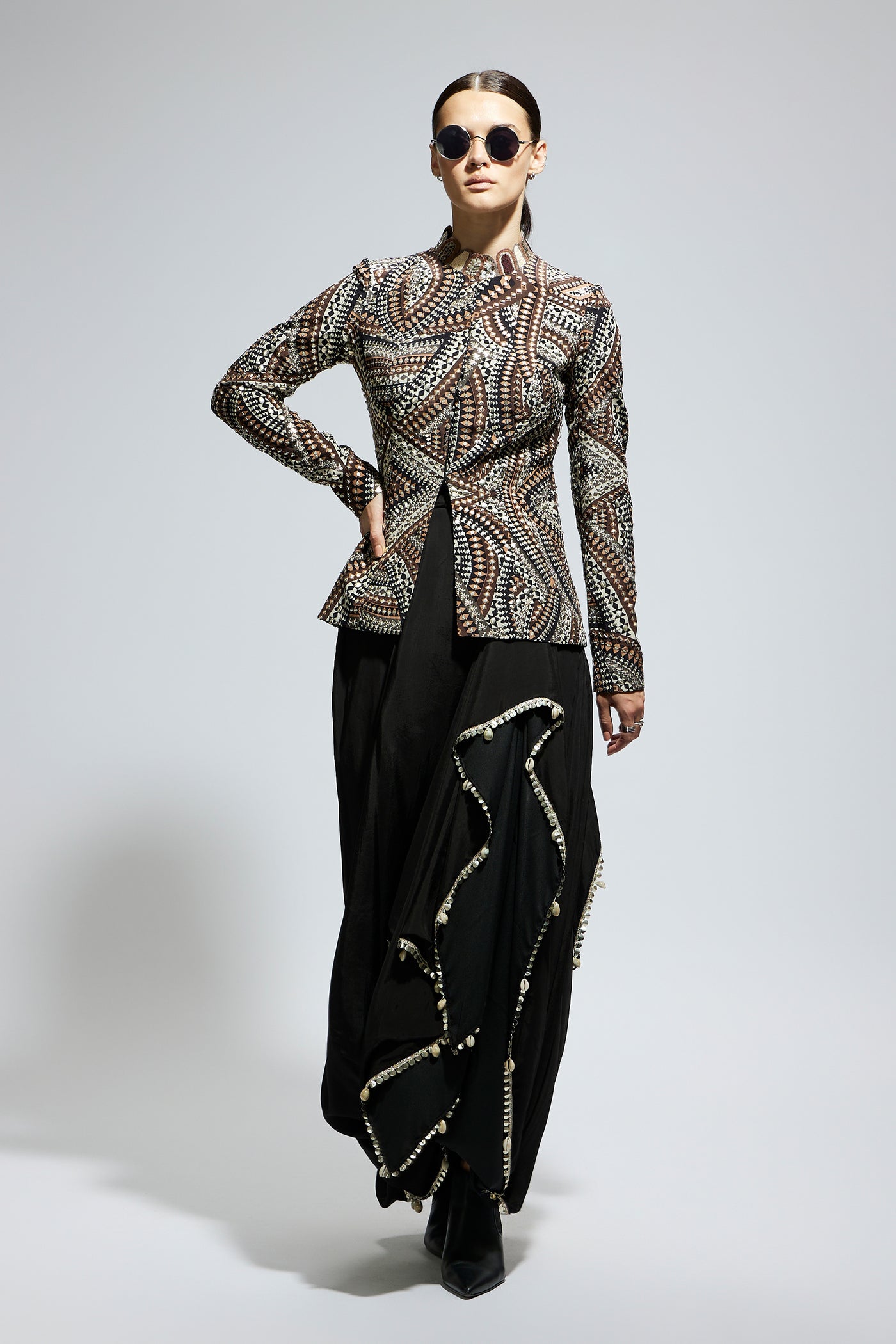 SVA Zentangle Embellished Jacket Paired With Black Solid Nushrat Skirt indian designer wear online shopping melange singapore