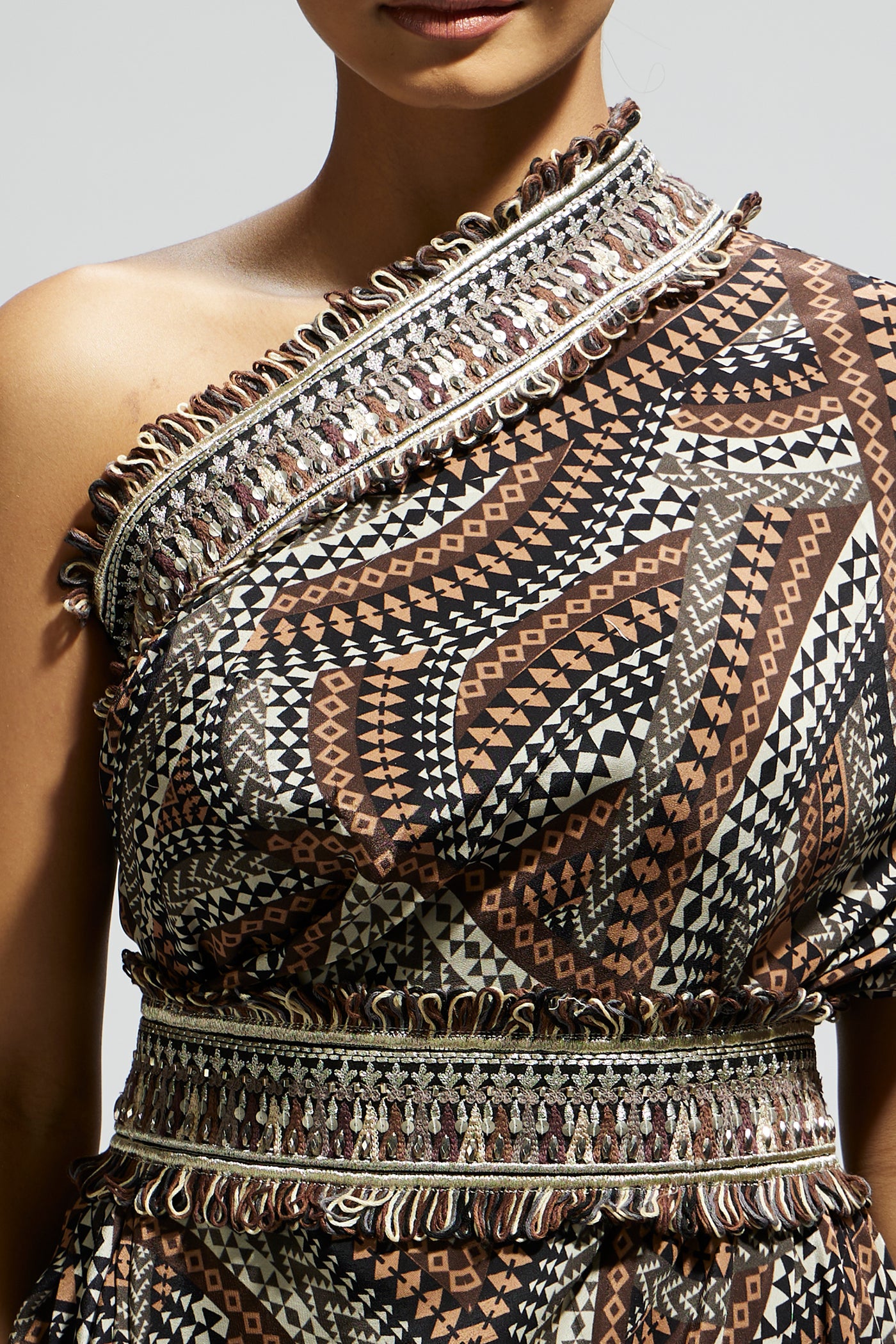 SVA Zentangle Printed One Shoulder Cowl Dress Teamed With A Belt indian designer wear online shopping melange singapore