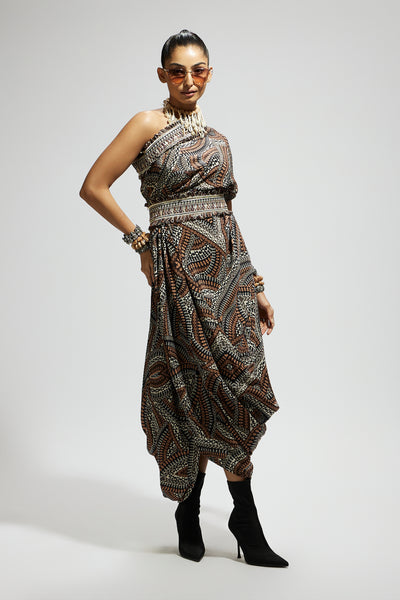 SVA Zentangle Printed One Shoulder Cowl Dress Teamed With A Belt indian designer wear online shopping melange singapore