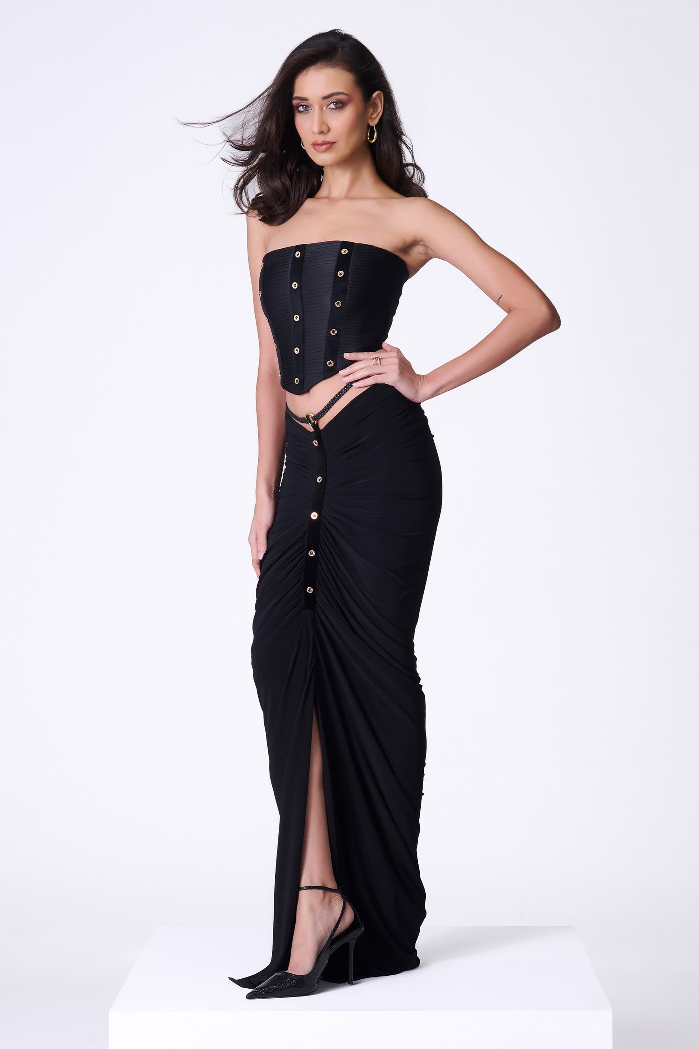 Shantanu & Nikhil Black Gathered Skirt With Belt indian designer wear online shopping melange singapore
