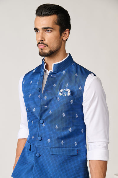 Shantanu & Nikhil Menswear Adamas Printed Blue Waistcoat indian designer wear online shopping melange singapore