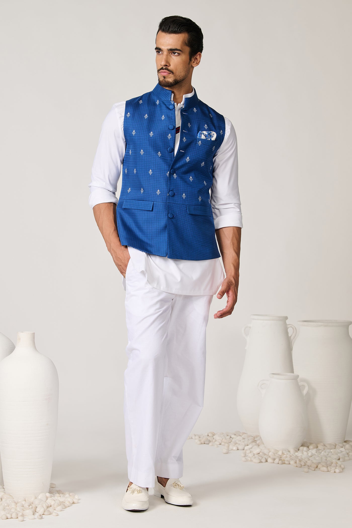 Shantanu & Nikhil Menswear Adamas Printed Blue Waistcoat indian designer wear online shopping melange singapore