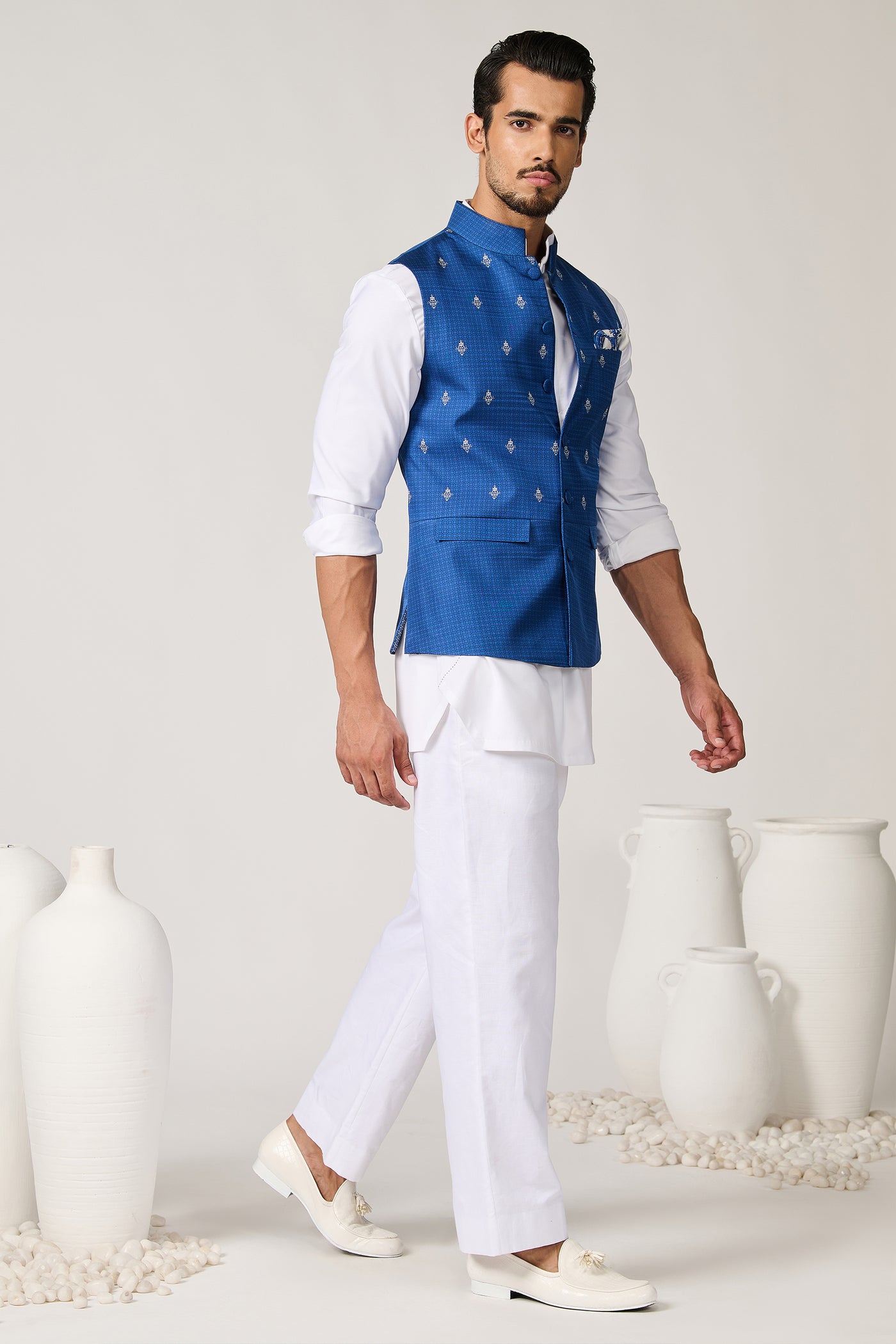 Shantanu & Nikhil Menswear Adamas Printed Blue Waistcoat indian designer wear online shopping melange singapore