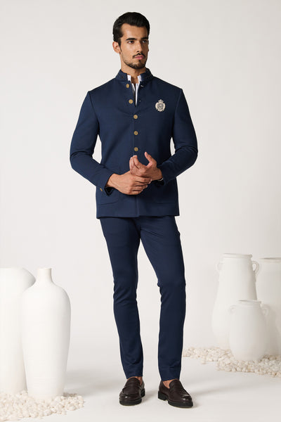 Shantanu & Nikhil Menswear Navy Bandhgala With Contrasting Crest indian designer wear online shopping melange singapore
