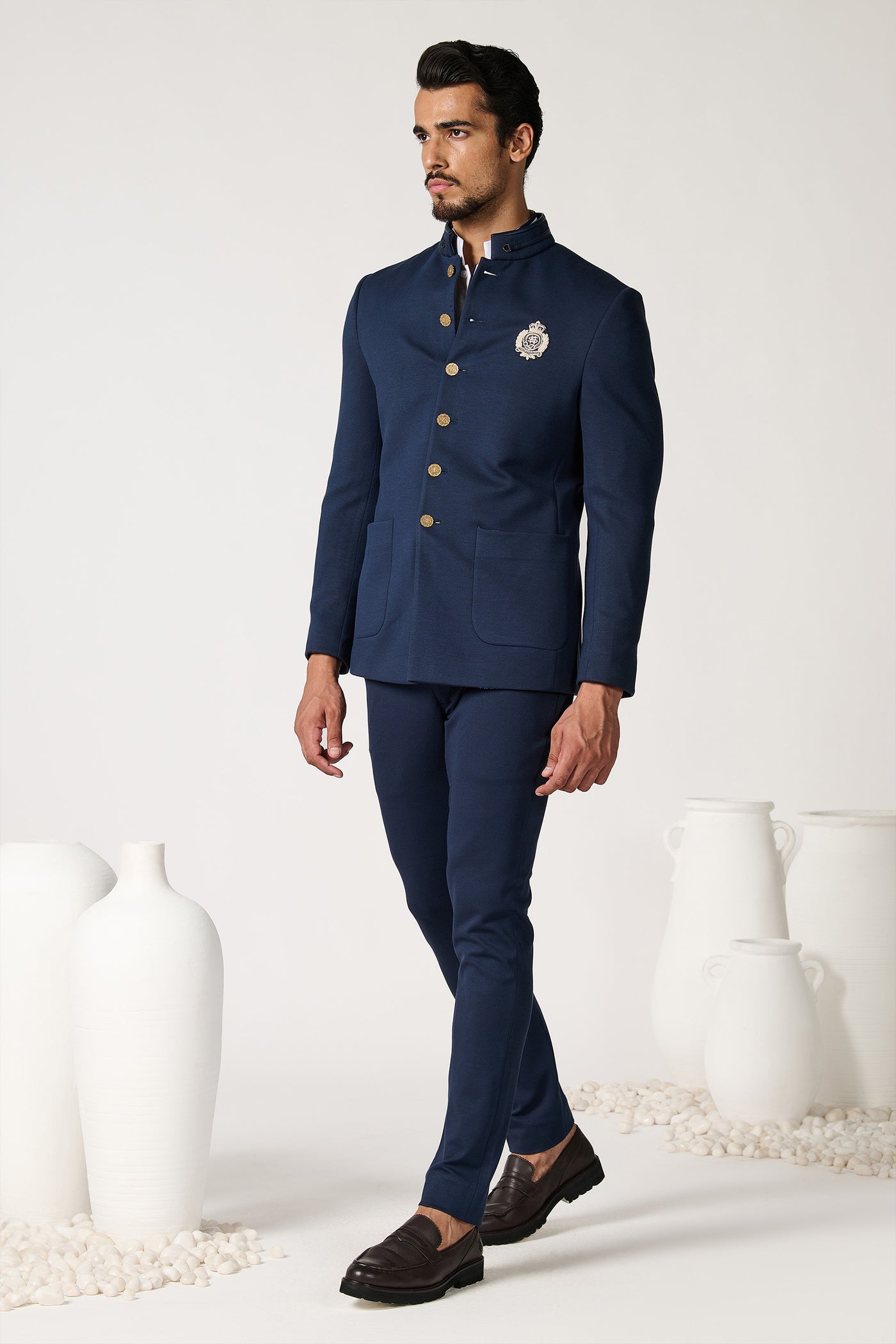 Shantanu & Nikhil Menswear Navy Bandhgala With Contrasting Crest indian designer wear online shopping melange singapore
