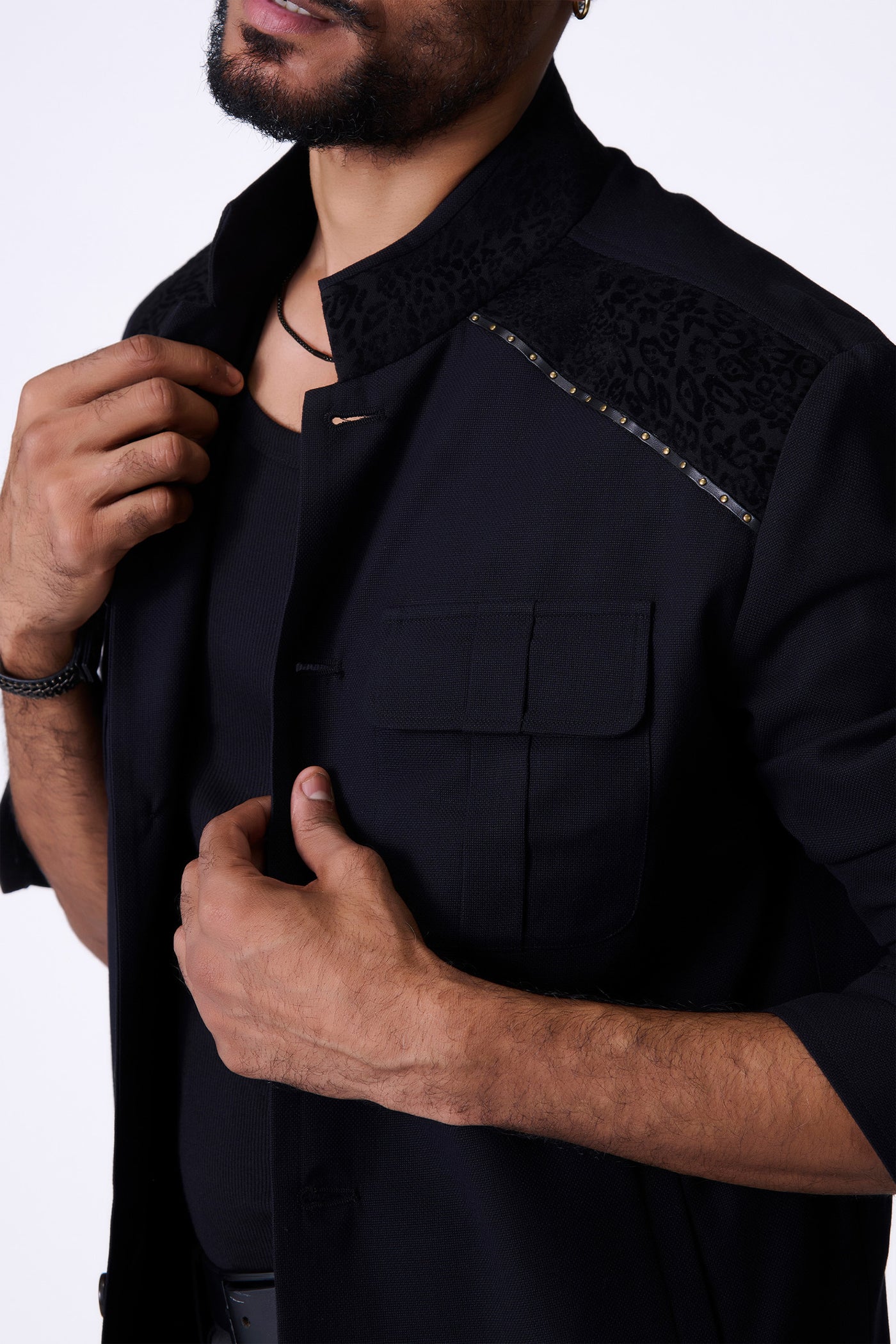 Shantanu & Nikhil Menswear Black Jacket with Leopard-Engraved Velvet Panel indian designer wear online shopping melange singapore