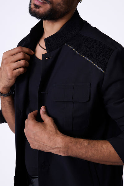 Shantanu & Nikhil Menswear Black Jacket with Leopard-Engraved Velvet Panel indian designer wear online shopping melange singapore