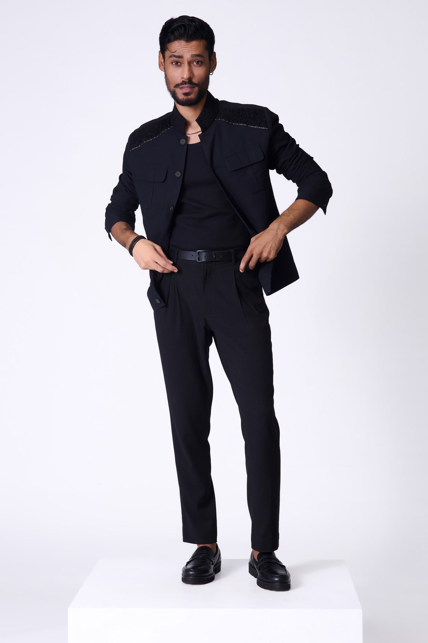 Shantanu & Nikhil Menswear Black Jacket with Leopard-Engraved Velvet Panel indian designer wear online shopping melange singapore