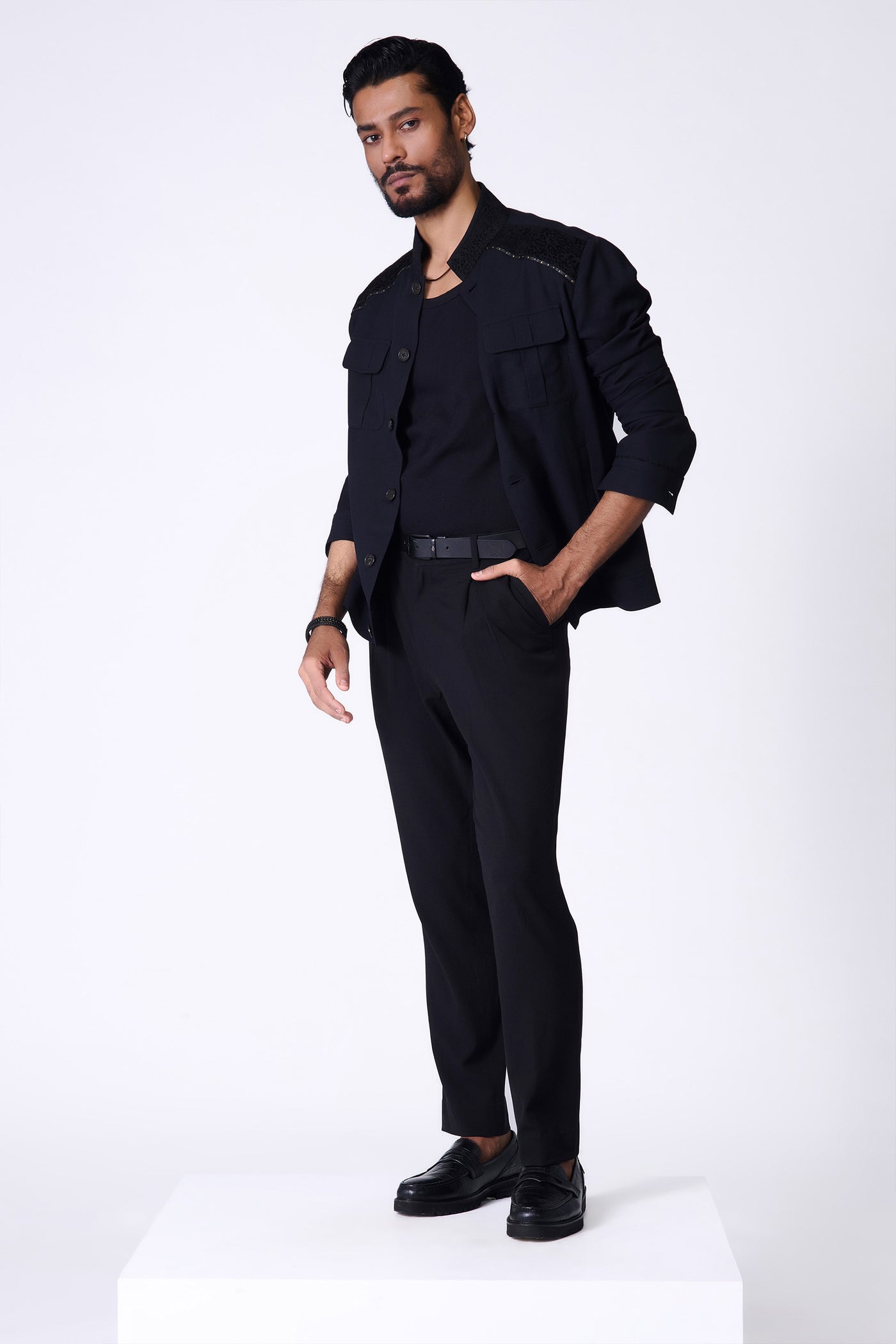 Shantanu & Nikhil Menswear Black Jacket with Leopard-Engraved Velvet Panel indian designer wear online shopping melange singapore