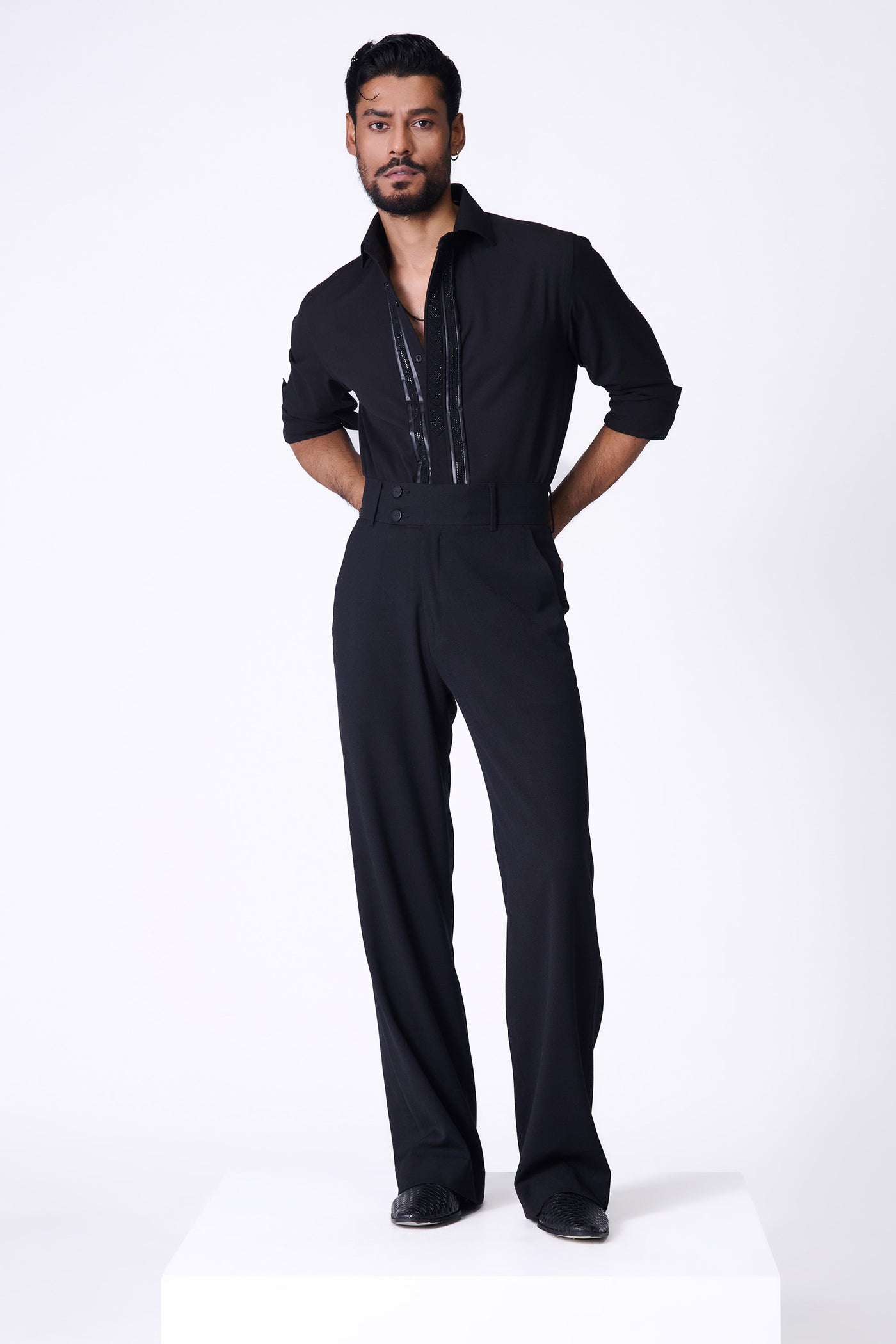 Shantanu & Nikhil Menswear Black Shirt With Swarovski Detailing indian designer wear online shopping melange singapore
